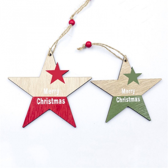 Picture of Red & Green - Style5 2PCS Wooden Christmas Pendants Decorations Ornaments Gift Xmas Tree Hanging Cute Reindeer