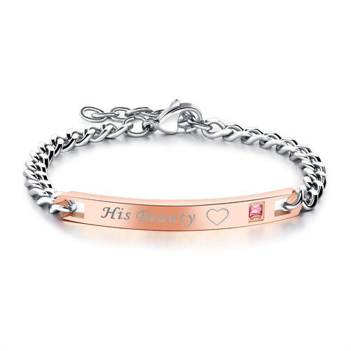 Picture of 316L Stainless Steel Couple Women Bracelets Rose Gold Silver Tone Rectangle Heart Message " His Beauty " Pink Rhinestone 16.5cm(6 4/8") long, 1 Piece” 