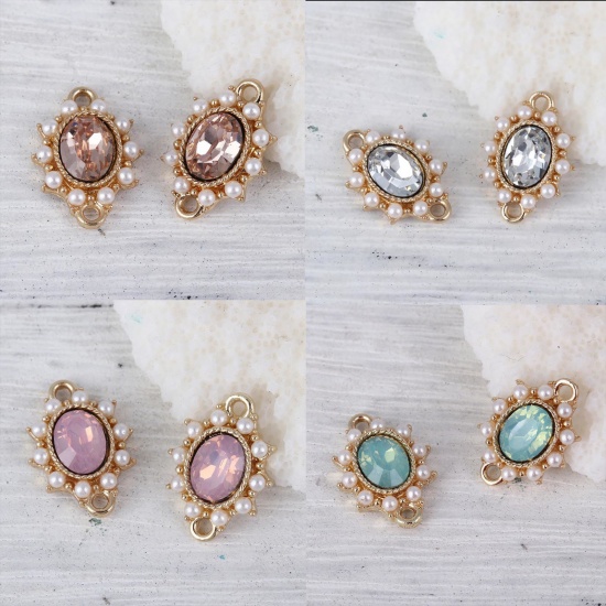 Picture of Zinc Based Alloy Style Of Royal Court Character Connectors Oval Gold Plated White Imitation Pearl Pink Rhinestone 17mm x 13mm, 5 PCs