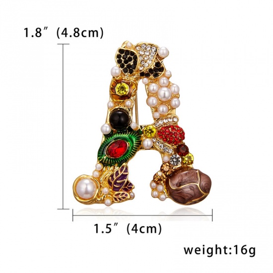 Picture of Pin Brooches Letter M Gold Plated Imitation Pearl Multicolor Rhinestone 50mm x 45mm, 1 Piece