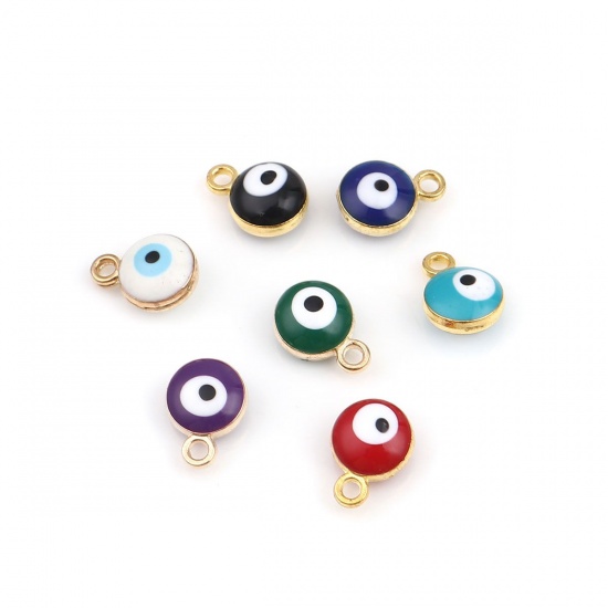 Picture of Zinc Based Alloy Religious Charms Round Gold Plated White & Blue Evil Eye 9mm x 7mm, 20 PCs