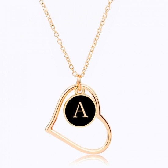 Picture of Necklace Gold Plated Black Heart Initial Alphabet/ Capital Letter Message " Y " 40cm(15 6/8") long, 1 Piece