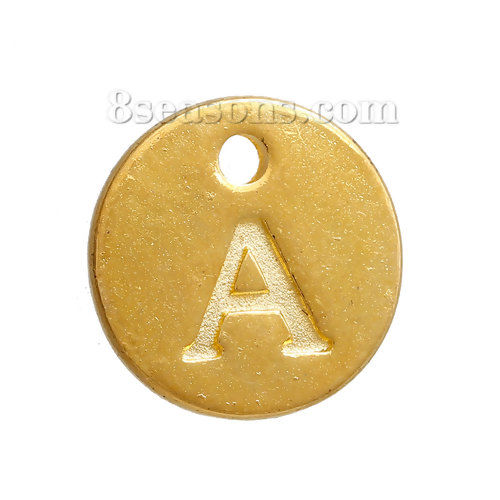 Picture of Zinc Based Alloy Charms Round Gold Plated Initial Alphabet/ Letter " A " 12mm( 4/8") Dia, 20 PCs