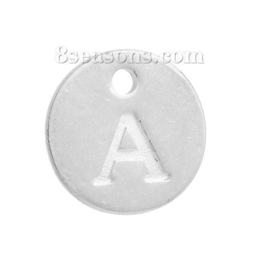 Picture of Zinc Based Alloy Charms Round Silver Plated Initial Alphabet/ Letter " A " 12mm( 4/8") Dia, 20 PCs