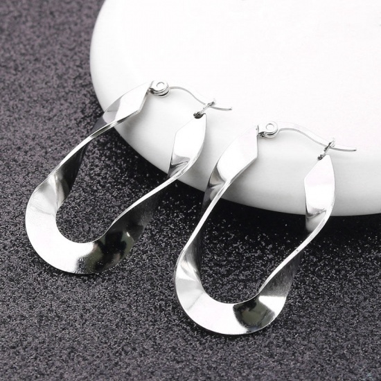 Picture of 316 Stainless Steel Hoop Earrings Black Oval Twisted 35mm(1 3/8") long, 1 Pair”