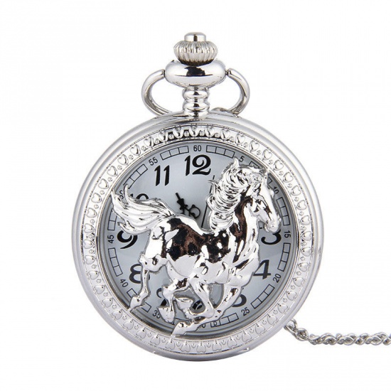 Picture of Pocket Watches Round Silver Tone Horse Pattern Battery Included 40cm long, 1 Piece