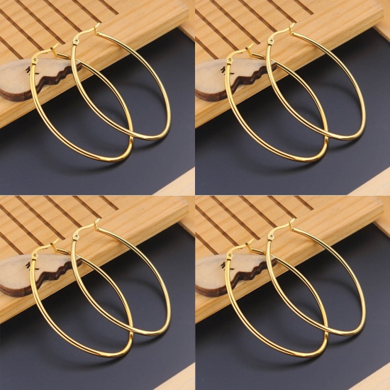 Picture of 316 Stainless Steel Hoop Earrings Gold Plated Oval 60mm(2 3/8") long, 1 Pair”
