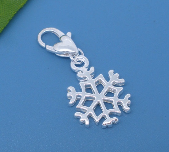 Picture of Clip On Charms For Vintage Charm Bracelet Christmas Snowflake Silver Plated 32mm x14mm(1 2/8" x 4/8"), 10 PCs