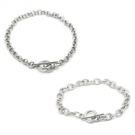 Bild von Eisen(Legierung) Doppelgliederkette Armband mit Knebelverschluss Silberfarbe 22cm lang,verkauft eine Packung mit 4 Stücke