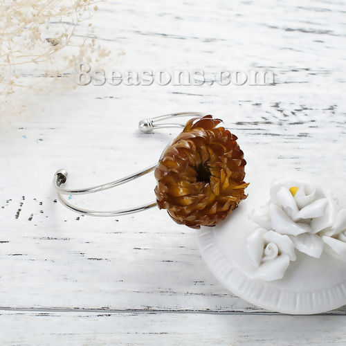 Picture of Handmade Resin Jewelry Real Flower Open Cuff Bangles Bracelets Silver Tone Yellow Chrysanthemum Flower 17.5cm(6 7/8") long, 1 Piece