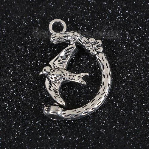 Picture of Zinc Based Alloy Spinning Charms Branch Antique Silver Bird 25mm(1") x 17mm( 5/8"), 10 PCs