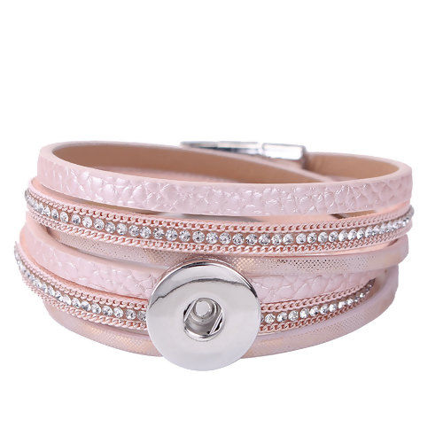 Picture of PU Leather Snap Button Multilayer Layered Wrap Bracelets Fit 18mm/20mm Snap Buttons Pink Silver Tone Round Clear Rhinestone 40.5cm(16") long, Hole Size: 6mm( 2/8"), 1 Piece