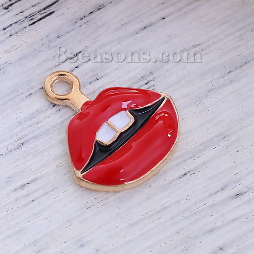 Picture of Zinc Based Alloy Makeup Charms Tooth Gold Plated White & Fuchsia Lip Enamel 19mm( 6/8") x 17mm( 5/8"), 10 PCs