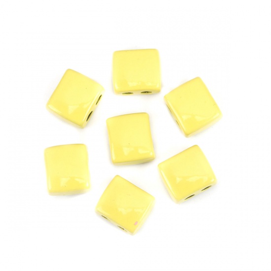 Picture of Zinc Based Alloy Enamel Spacer Beads Two Holes Rectangle Pale Yellow About 9mm x 8mm, Hole: Approx 2.1mm, 10 PCs