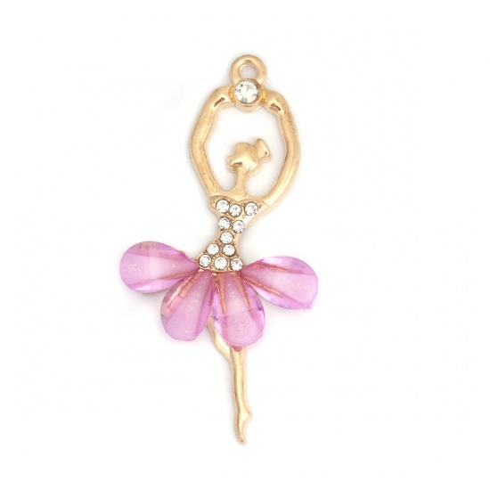 Picture of Zinc Based Alloy & Acrylic Pendants Ballerina Gold Plated Fuchsia Clear Rhinestone Faceted 6cm x 3cm, 5 PCs