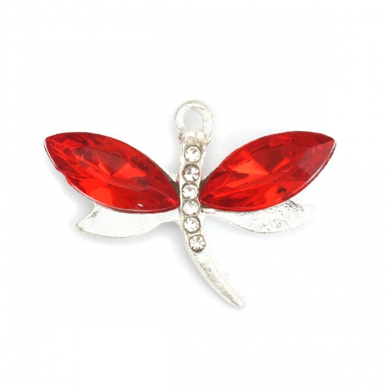 Picture of Zinc Based Alloy & Acrylic Pendants Dragonfly Animal Silver Plated Fuchsia Clear Rhinestone Faceted 3cm x 2.2cm, 10 PCs