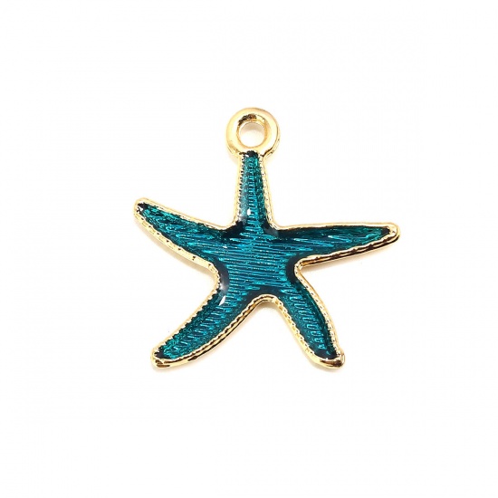 Picture of Zinc Based Alloy Ocean Jewelry Pendants Star Fish Gold Plated Green Blue Enamel 3.1cm x 2.6cm, 10 PCs