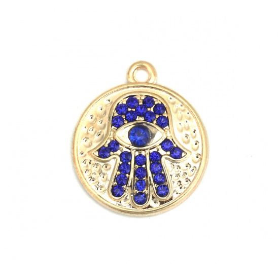 Picture of Zinc Based Alloy Charms Round Gold Plated Hamsa Symbol Hand Pink Rhinestone 24mm x 20mm, 5 PCs