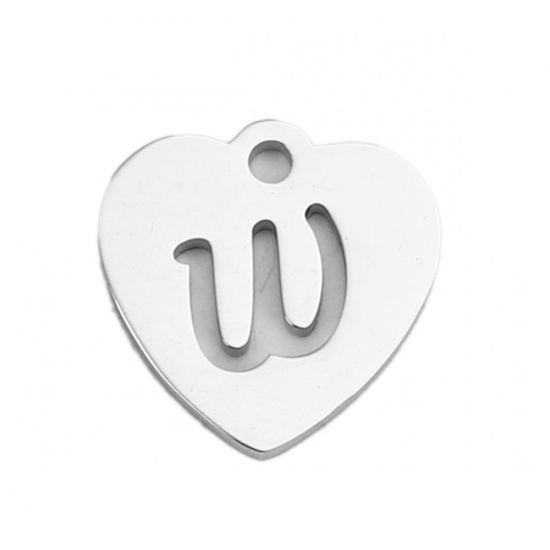 Picture of 304 Stainless Steel Charms Heart Silver Tone Alphabet/ Letter Message " w " 12mm( 4/8") x 12mm( 4/8"), 5 PCs