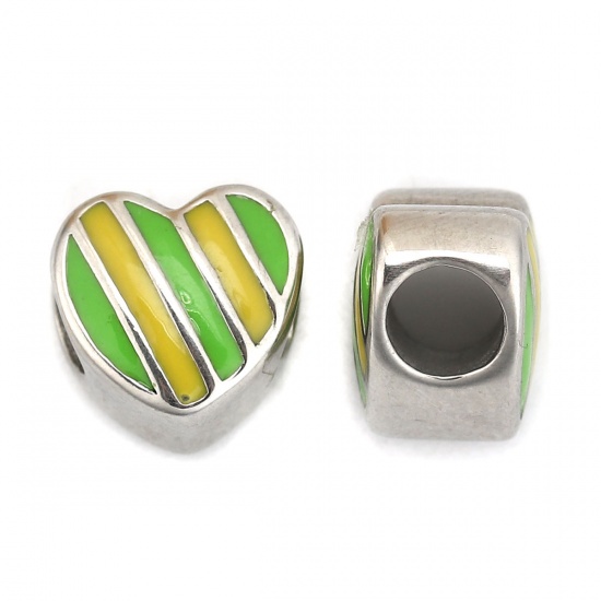 Picture of 304 Stainless Steel Casting Beads Heart Silver Tone Green & Yellow Stripe Enamel 11mm x 11mm, Hole: Approx 4.8mm, 1 Piece