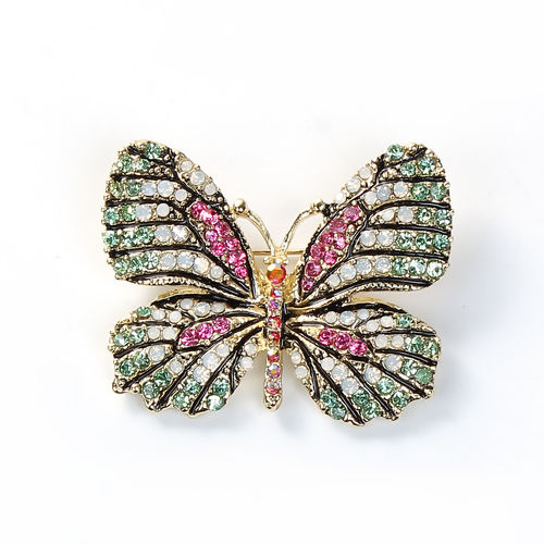 Picture of Pin Brooches Butterfly Animal Gold Plated Multicolor Rhinestone 47mm(1 7/8") x 37mm(1 4/8"), 1 Piece