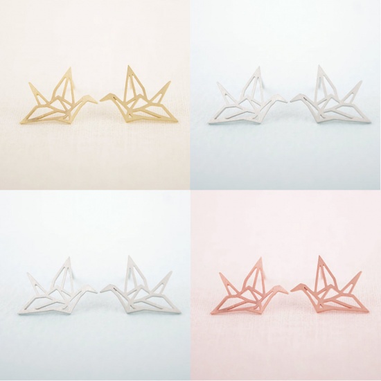 Picture of Ear Post Stud Earrings Rose Gold Origami Crane 10mm x 5mm, 1 Pair