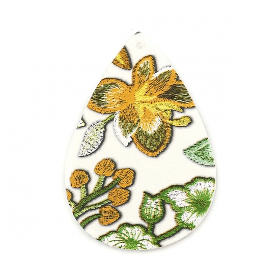 Picture of PU Leather Pendants Drop Green & Ginger At Random Flower 56mm(2 2/8") x 38mm(1 4/8"), 5 PCs