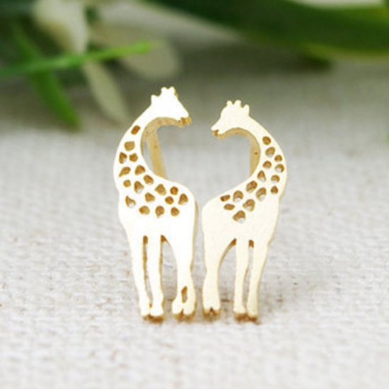 Picture of Ear Post Stud Earrings Rose Gold Giraffe Animal 15mm x 5mm, 1 Pair