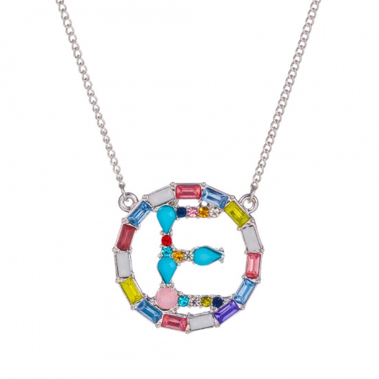 Picture of Necklace Silver Tone Circle Ring Initial Alphabet/ Capital Letter Message " E " Multicolor Rhinestone 25cm(9 7/8") long, 1 Piece