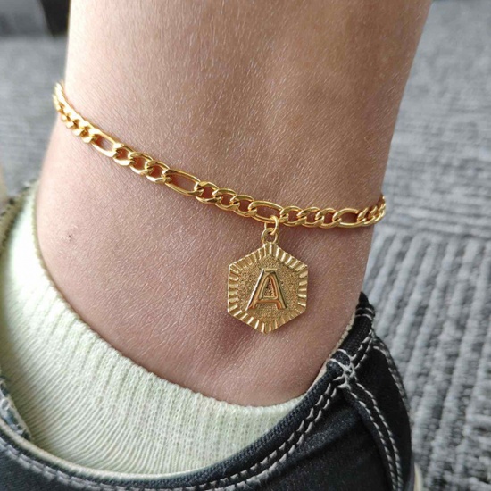 Picture of Anklet Gold Plated Hexagon Initial Alphabet/ Capital Letter Message " Z " 21cm(8 2/8") long, 1 Piece