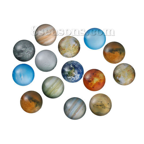 Bild von Glas Dom Cabochon Verzierung Rund Platt Zufällig Mix Universum Planeten Muster Transparent 20mm D., 10 Stücke