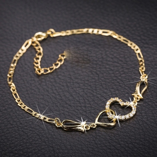 Imagen de Tobilleras Chapado en Oro Corazón Claro Circón Artificial 25cm longitud, 1 Unidad