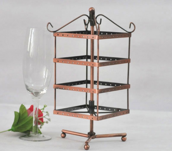 Picture of Jewelry Earrings Necklace Display Rack Stand Cuboid Red Copper Rotating 28x14cm(11"x5 4/8"), 1 Piece