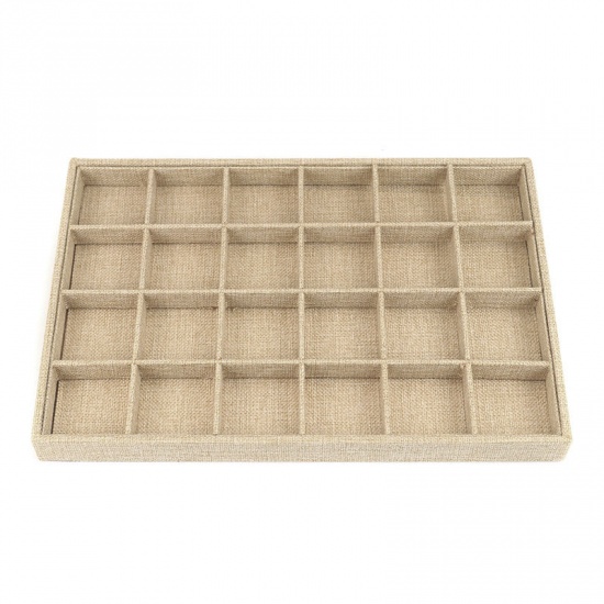 Picture of Wood & Linen Flocked 24 Compartment Ring Dish Jewelry Display Tray Insert Rectangle Flaxen Detachable 35cm(13 6/8") x 24cm(9 4/8"), 1 Piece