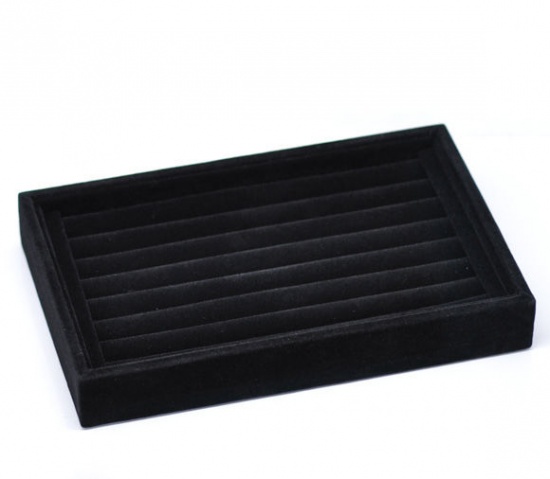 Picture of Paper & Velvet Jewelry Rings Display Tray Rectangle Black 22.5cm(8 7/8") x 14.5cm(5 6/8"), 1 Piece