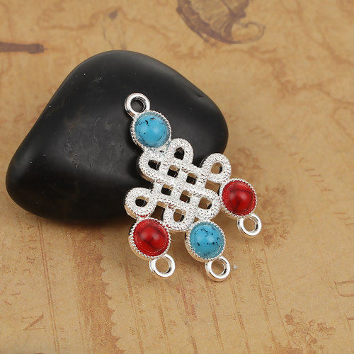 Picture of Zinc Based Alloy Boho Chic Chandelier Connectors Chinese Knot Silver Plated Red & Blue Imitation Turquoise 37mm x 30mm, 10 PCs