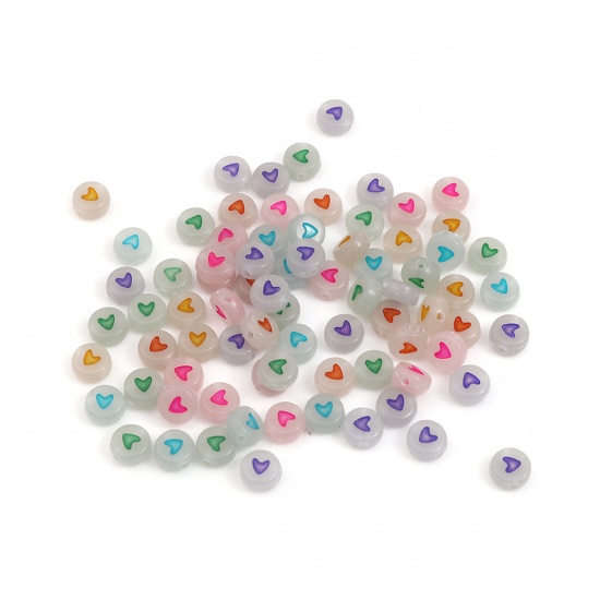 Picture of Acrylic Beads Flat Round At Random Heart Pattern About 7mm Dia., Hole: Approx 1.4mm, 500 PCs