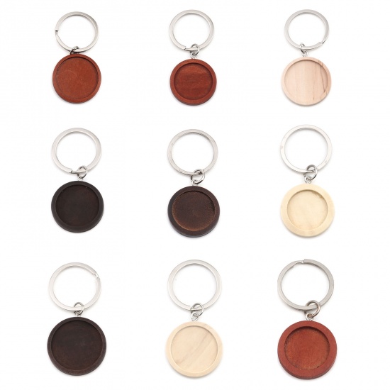 Picture of Zinc Based Alloy & Wood Keychain & Keyring Silver Tone Dark Brown Round Cabochon Settings (Fits 20mm Dia.) 56mm x 25mm, 1 Piece