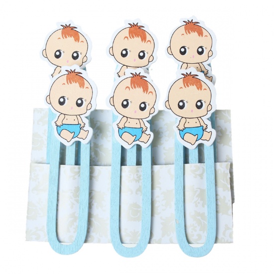 Picture of Wood Bookmark Findings Baby Blue Baby Shower Decoration 9.0cm x 26.0mm, 5 Plates(Approx 6PCs/Plate)