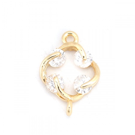 真鍮 コネクター 菱形 18K ゴールドフィルド 透明 ラインストーン 14mm x 10mm、 3 個