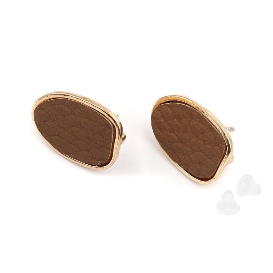 Picture of Zinc Based Alloy & PU Ear Post Stud Earrings Findings Drop Gold Plated Coffee W/ Loop 19mm x 14mm, Post/ Wire Size: (21 gauge), 4 PCs