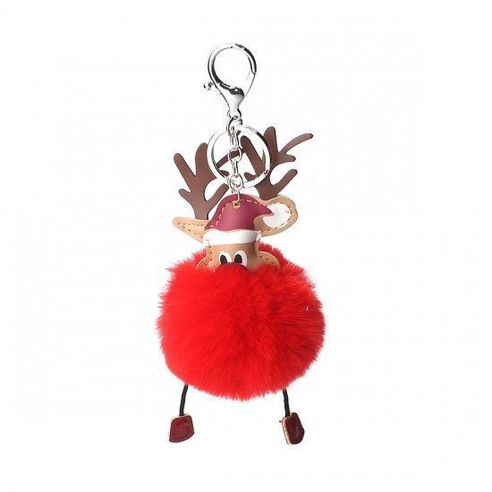 Picture of Plush Keychain & Keyring Pom Pom Ball Silver Tone Red Christmas Santa Claus 19cm x 8cm, 1 Piece