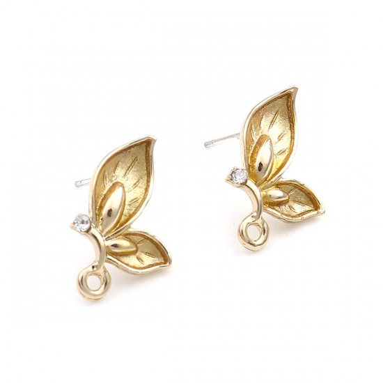 Picture of Zinc Based Alloy Insect Ear Post Stud Earrings Findings Butterfly Animal Gold Plated Blue W/ Loop Clear Rhinestone 13mm x 10mm, Post/ Wire Size: (21 gauge), 4 PCs