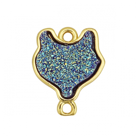 Picture of Brass & Resin Druzy/ Drusy Connectors Fox Animal Gold Filled Blue 18mm x14mm( 6/8" x 4/8") - 17mm x14mm( 5/8" x 4/8"), 5 PCs                                                                                                                                  