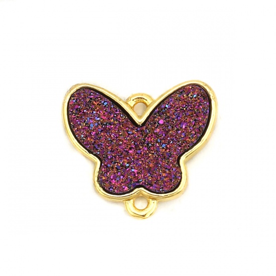 Picture of Brass & Resin Druzy/ Drusy Connectors Butterfly Animal Gold Filled Purple 16mm x15mm( 5/8" x 5/8") - 16mm x14mm( 5/8" x 4/8"), 5 PCs                                                                                                                          
