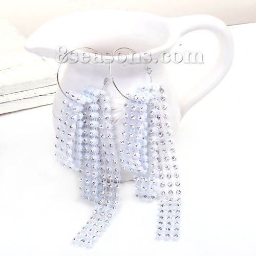 Picture of Plastic Mesh Jewelry Earrings Silver Tone White Clear Rhinestone 14.5cm(5 6/8"), Post/ Wire Size: (21 gauge), 1 Pair