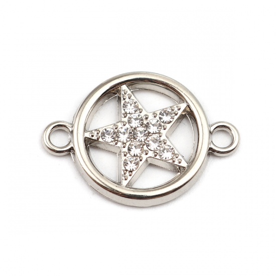 Picture of Zinc Based Alloy Galaxy Connectors Round Gold Plated Pentagram Star Hollow Clear Rhinestone 21mm x 15mm, 10 PCs