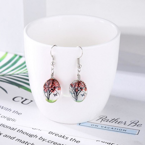 Picture of Lampwork Glass Earrings Silver Red Oval Tree of Life Transparent 4.3cm x 1.4cm, 1 Pair