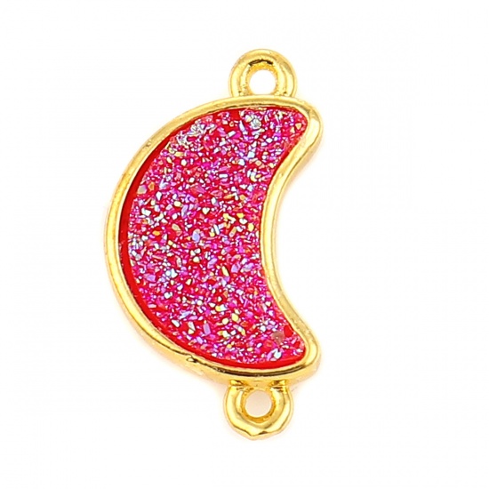 Picture of Brass & Resin Druzy/ Drusy Connectors Half Moon Gold Filled Fuchsia 19mm( 6/8") x 10mm( 3/8"), 5 PCs                                                                                                                                                          