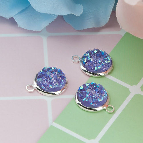 Picture of Copper & Resin Druzy/ Drusy Charms Round Silver Plated Mauve AB Color 18mm( 6/8") x 14mm( 4/8"), 10 PCs